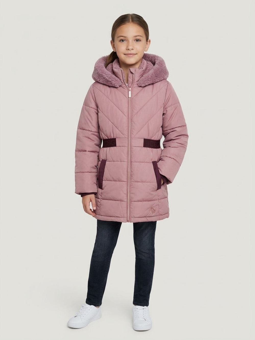 BCBG Girls Size Large Pink Dusty Rose  Puffer Coat Sherpa Hood Winter Jacket